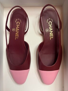 CHANEL SS26 Burgundy Pink Cap Toe Slingback Leather Flats EU 35C Matthieu Blazy